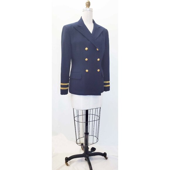 Ralph Lauren Womens Navy Blue Double Breasted Wool Blazer Military Gold Buttons - Picture 9 of 10